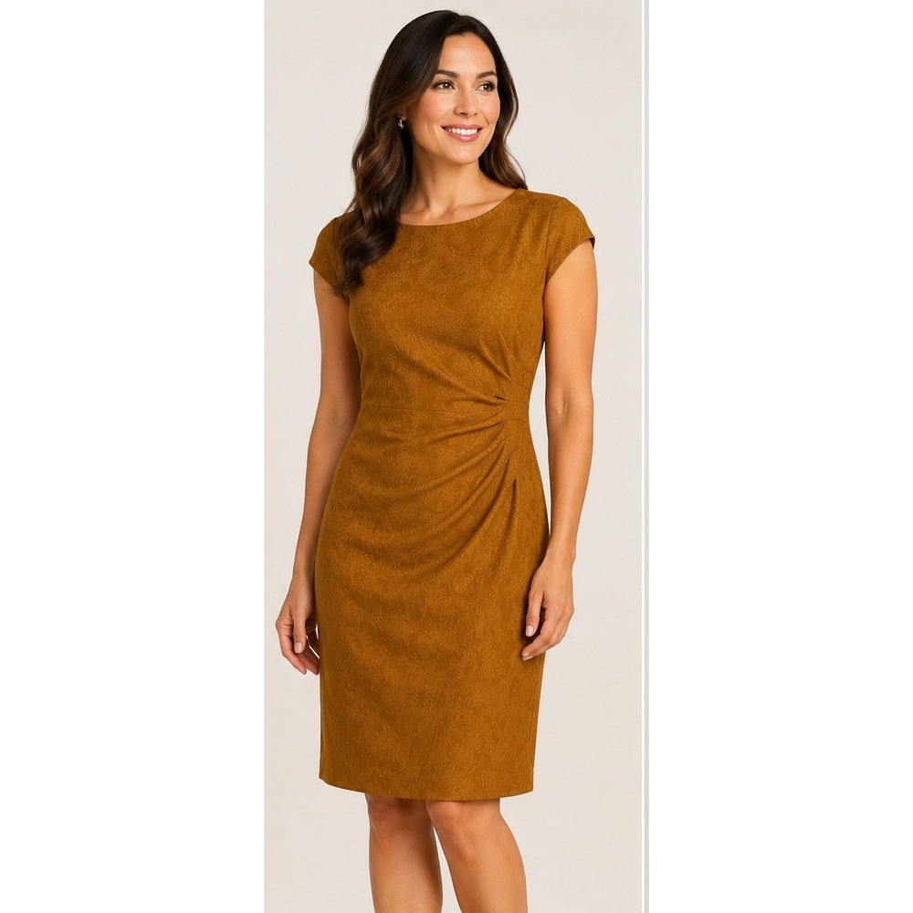 Kasper Women's Mustard Yellow Jacquard Sheath Dress Cap Sleeve Pleated Size 16